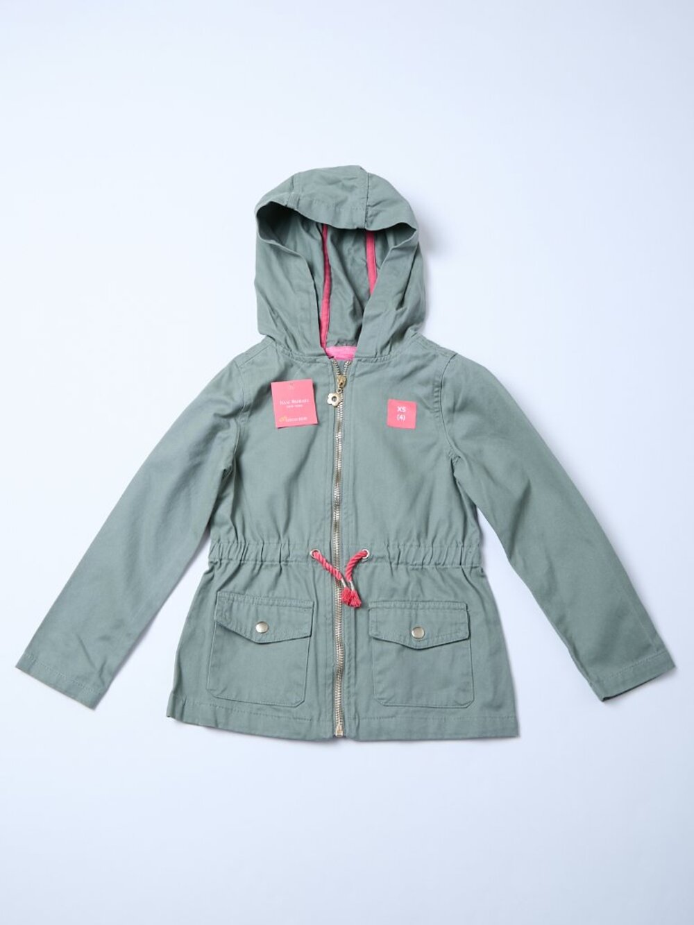 NWT Isaac Mizrahi Girls' Green Hooded Parka Jacket gold flower full zip XS 4